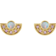 14k yellow gold fan-shaped opal stud earrings with pink sapphire accents, straight-on pair view