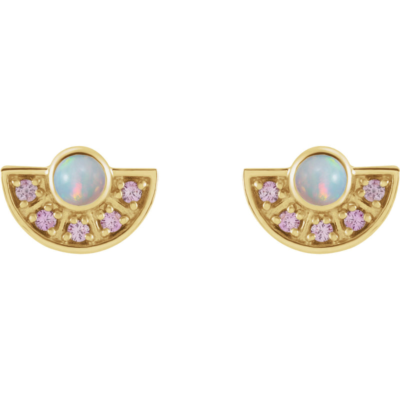 14k yellow gold fan-shaped opal stud earrings with pink sapphire accents, straight-on pair view