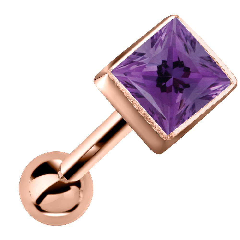 Princess Cut Bezel Set Genuine Birthstone 14k Gold Cartilage Stud Earring-Rose   Amethyst
