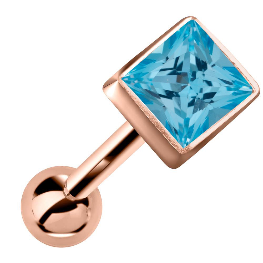 Princess Cut Bezel Set Genuine Birthstone 14k Gold Cartilage Stud Earring-Rose   Aquamarine
