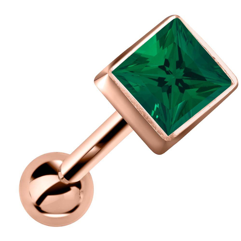 Princess Cut Bezel Set Genuine Birthstone 14k Gold Cartilage Stud Earring-Rose   Emerald