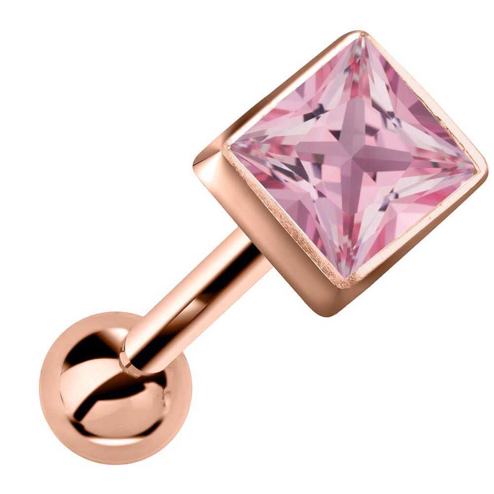 Princess Cut Bezel Set Genuine Birthstone 14k Gold Cartilage Stud Earring-Rose   Tourmaline