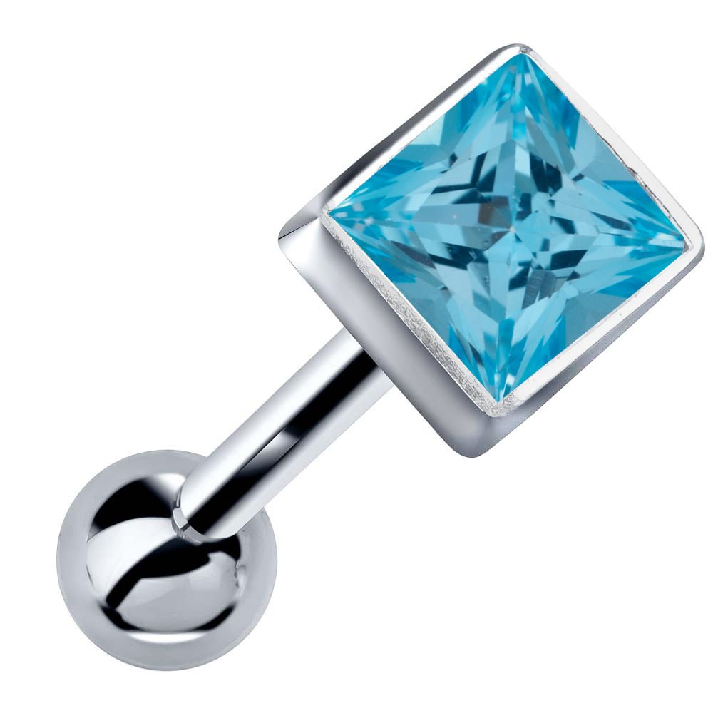 Princess Cut Bezel Set Genuine Birthstone 14k Gold Cartilage Stud Earring-White   Aquamarine