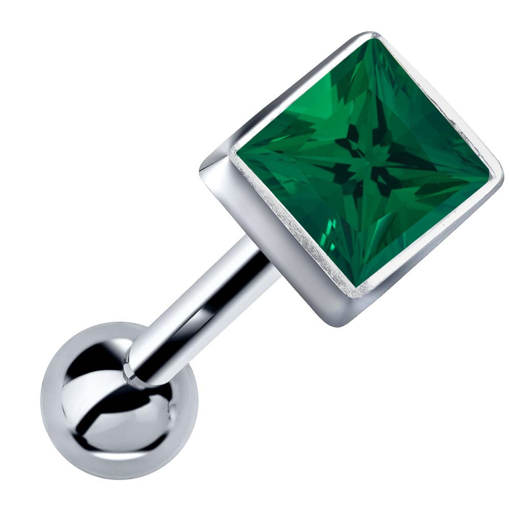 Princess Cut Bezel Set Genuine Birthstone 14k Gold Cartilage Stud Earring-White   Emerald
