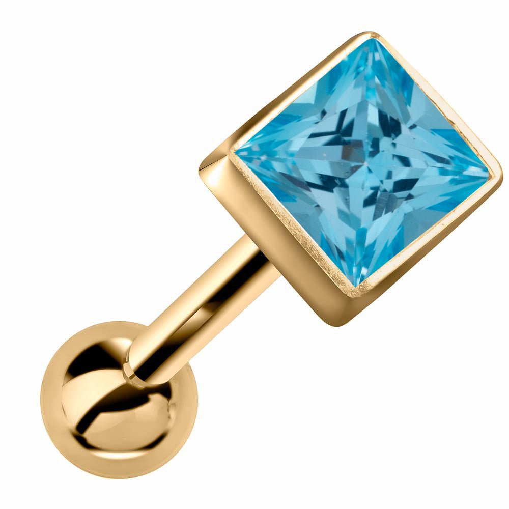 Princess Cut Bezel Set Genuine Birthstone 14k Gold Cartilage Stud Earring-Yellow   Aquamarine