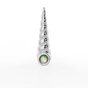 14K white gold unicorn horn cartilage stud, front view highlighting spiral detailing and white opal