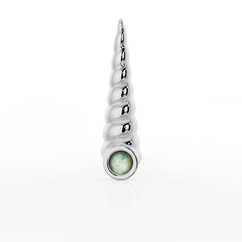 14K white gold unicorn horn cartilage stud, front view highlighting spiral detailing and white opal