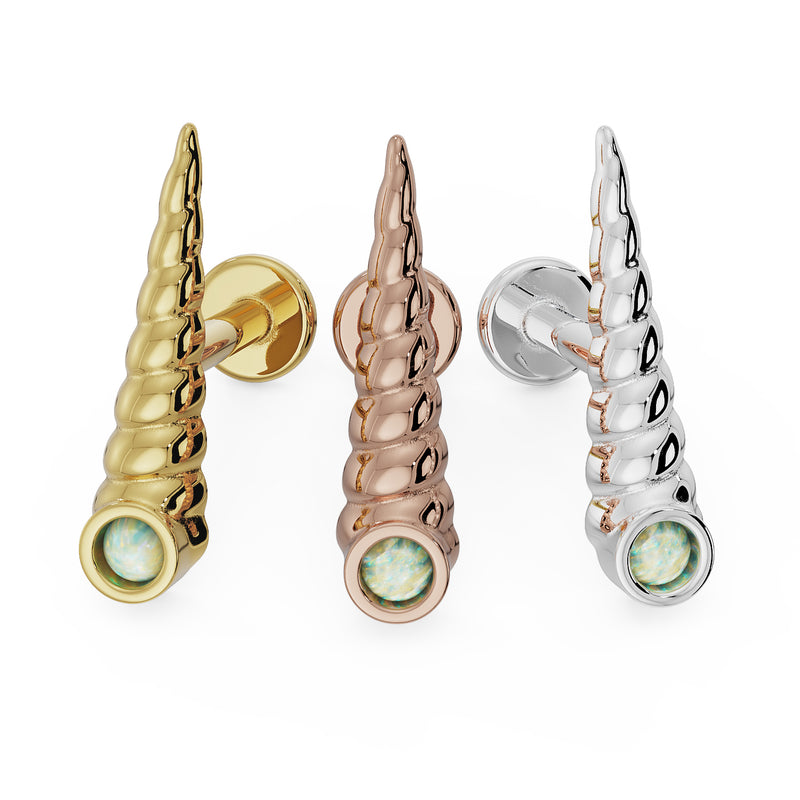 Unicorn horn opal flat back earring in all three metals: 14K yellow gold, rose gold, white gold
