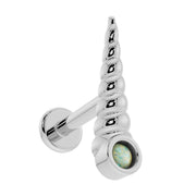 14K white gold unicorn horn labret, angled view showing flat back disc, post, and opal base