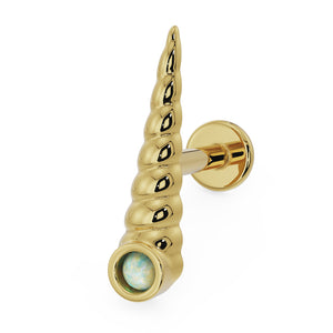 14K yellow gold unicorn horn flat back earring with bezel-set white opal, angled side view