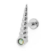 14K white gold unicorn horn flat back earring angled view with white opal accent and disc backing