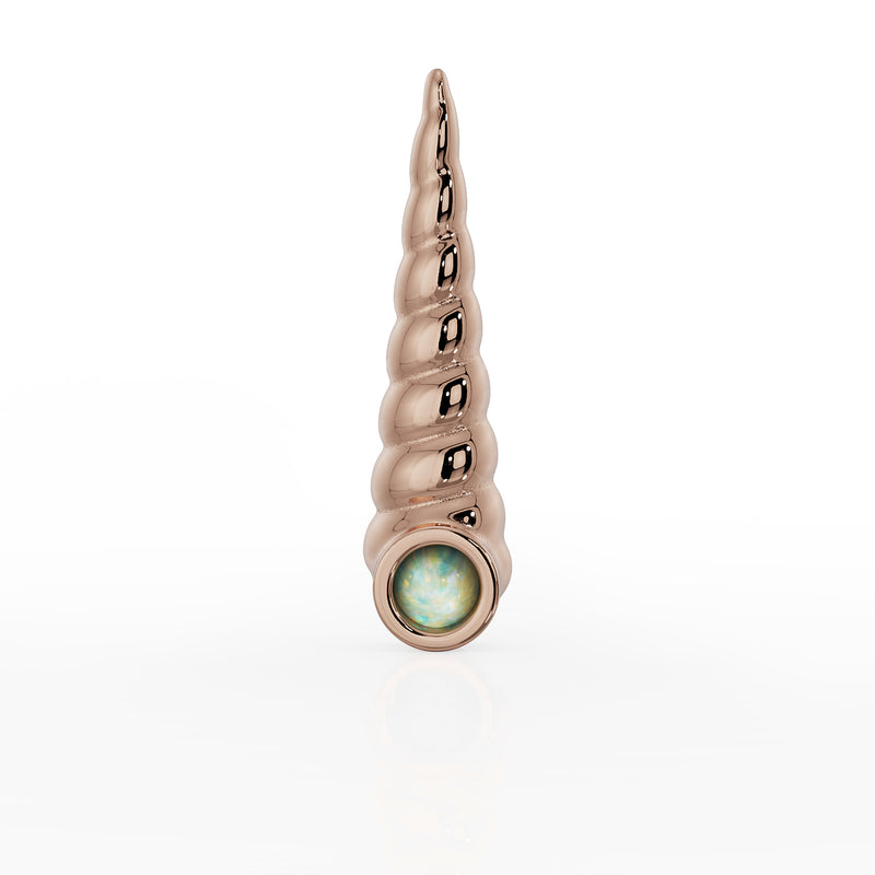 14K rose gold unicorn horn cartilage stud charm, front view with white opal bezel at base