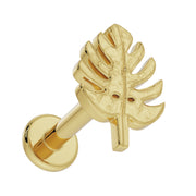 14K yellow gold monstera leaf flat back earring, side profile showing post length and round flat disc back
