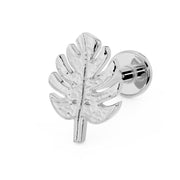 14K white gold monstera leaf flat back earring, angled view showing hammered texture and round flat disc back