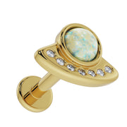 14K yellow gold UFO opal labret with flat back post visible, overhead angled view showing diamond placement