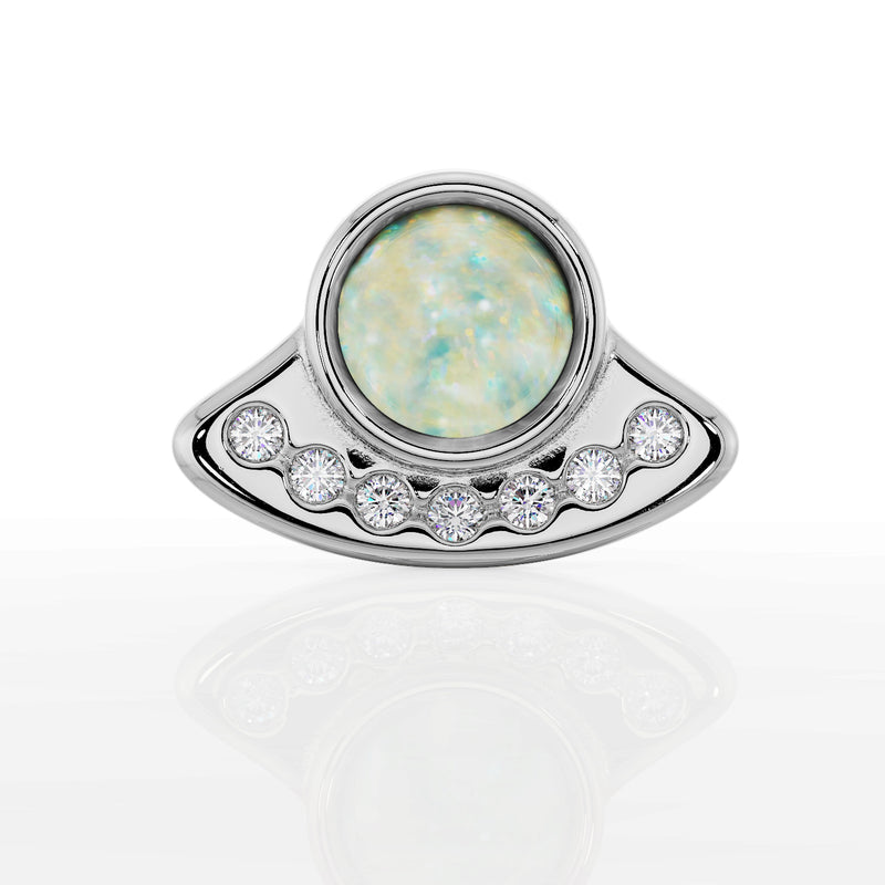 14K white gold UFO flat back labret, straight-on front view highlighting opal and seven diamonds