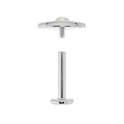 Exploded view of 14K white gold UFO opal flat back labret showing threaded top and post separated