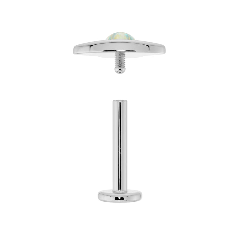 Exploded view of 14K white gold UFO opal flat back labret showing threaded top and post separated