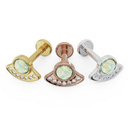 UFO opal and diamond flat back labret in all three metal options: 14K yellow gold, rose gold, and white gold