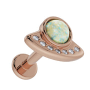 14K rose gold UFO opal and diamond flat back labret angled overhead view showing post and flat backing