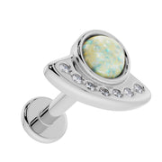 14K white gold UFO opal and diamond flat back labret angled to show post and flat back disk