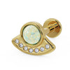 14K yellow gold UFO flat back labret with white opal and seven bezel-set diamonds, angled view