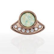 14K rose gold UFO flat back labret, front view showing white opal bezel and curved diamond row