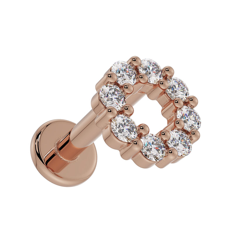 14K rose gold diamond halo flat back earring, low-angle side view showing post depth and setting height