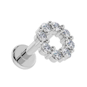 14K white gold CZ halo flat back labret earring viewed from above, showing depth of open CZ circle