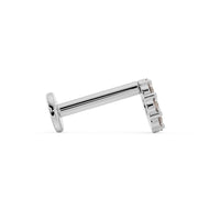 Side profile of 14K white gold diamond halo flat back earring showing post length and flat back disc