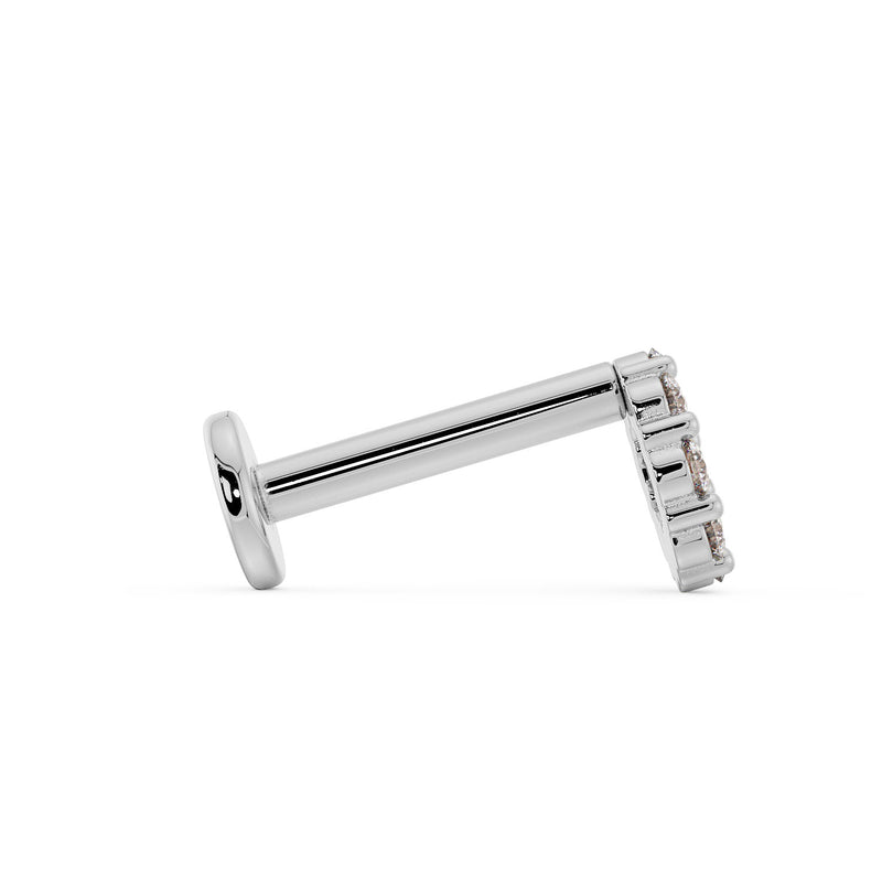 Side profile of 14K white gold CZ halo labret earring showing post length and flat backing detail