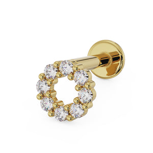 14K yellow gold CZ halo flat back labret earring with open circle CZ setting, angled view