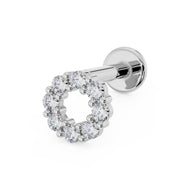 14K white gold CZ halo flat back labret earring with open circle setting, angled three-quarter view