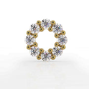 14K yellow gold diamond halo flat back earring, straight-on front view of the open circle setting