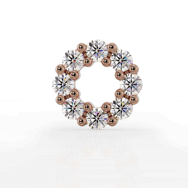 14K rose gold diamond halo labret topper, front-facing close-up of round diamond circle setting