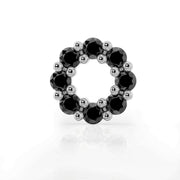 Close-up front view of 14K white gold black diamond halo labret top, showing beaded prong circle setting