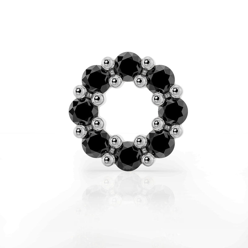 Close-up front view of 14K white gold black diamond halo labret top, showing beaded prong circle setting