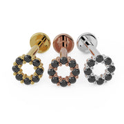 Black diamond halo flat back labret in all three metals: 14K yellow gold, rose gold, and white gold