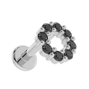 14K white gold black diamond halo labret top-down angle showing open circle setting and flat back disc