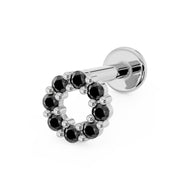 14K white gold black diamond halo flat back labret, angled view highlighting open circle diamond design