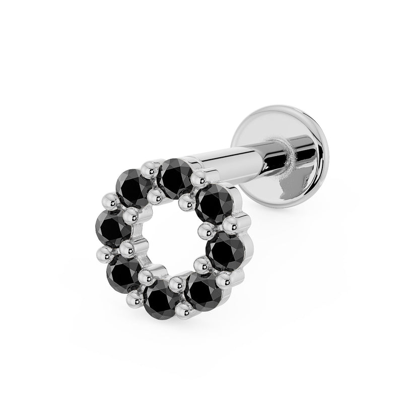 14K white gold black diamond halo flat back labret, angled view highlighting open circle diamond design