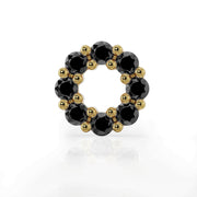 Close-up front view of 14K yellow gold black diamond halo labret top, showing 8-stone circular setting