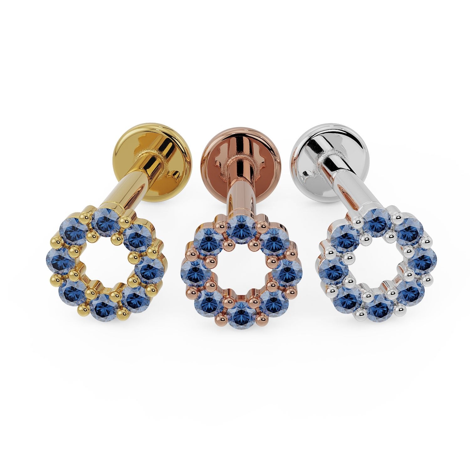 Blue Sapphire Halo 14K Gold Flat Back Earring