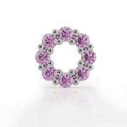 Front view of 14K white gold open circle pink sapphire halo charm with beaded prong detail