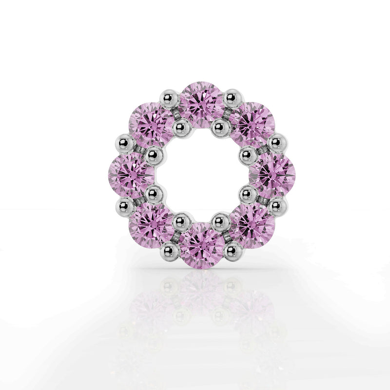Front view of 14K white gold open circle pink sapphire halo charm with beaded prong detail