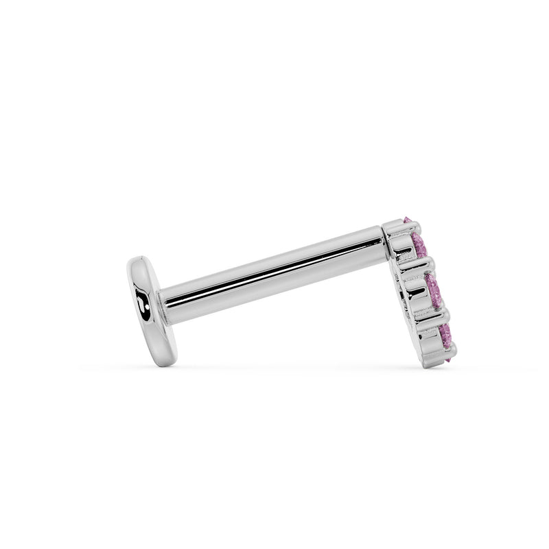 Side profile of 14K white gold pink sapphire halo flat back earring showing post length and flat disc
