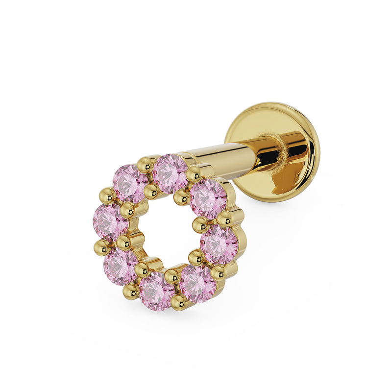 14K yellow gold pink sapphire halo flat back labret earring, angled view showing circle setting