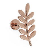 14K rose gold olive branch leaf flat back labret earring, angled front view showing post and disc