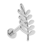 14K white gold olive branch leaf flat back earring, side profile view showing post and circular flat backing