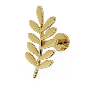 14K yellow gold olive branch leaf flat back earring, angled front view showing post and flat back